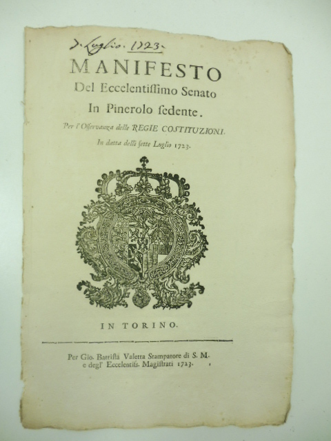 Manifesto dell'eccellentissimo senato in Pinerolo sedente per l'osservanza delle regie costituzioni in data delli 7 luglio 1723